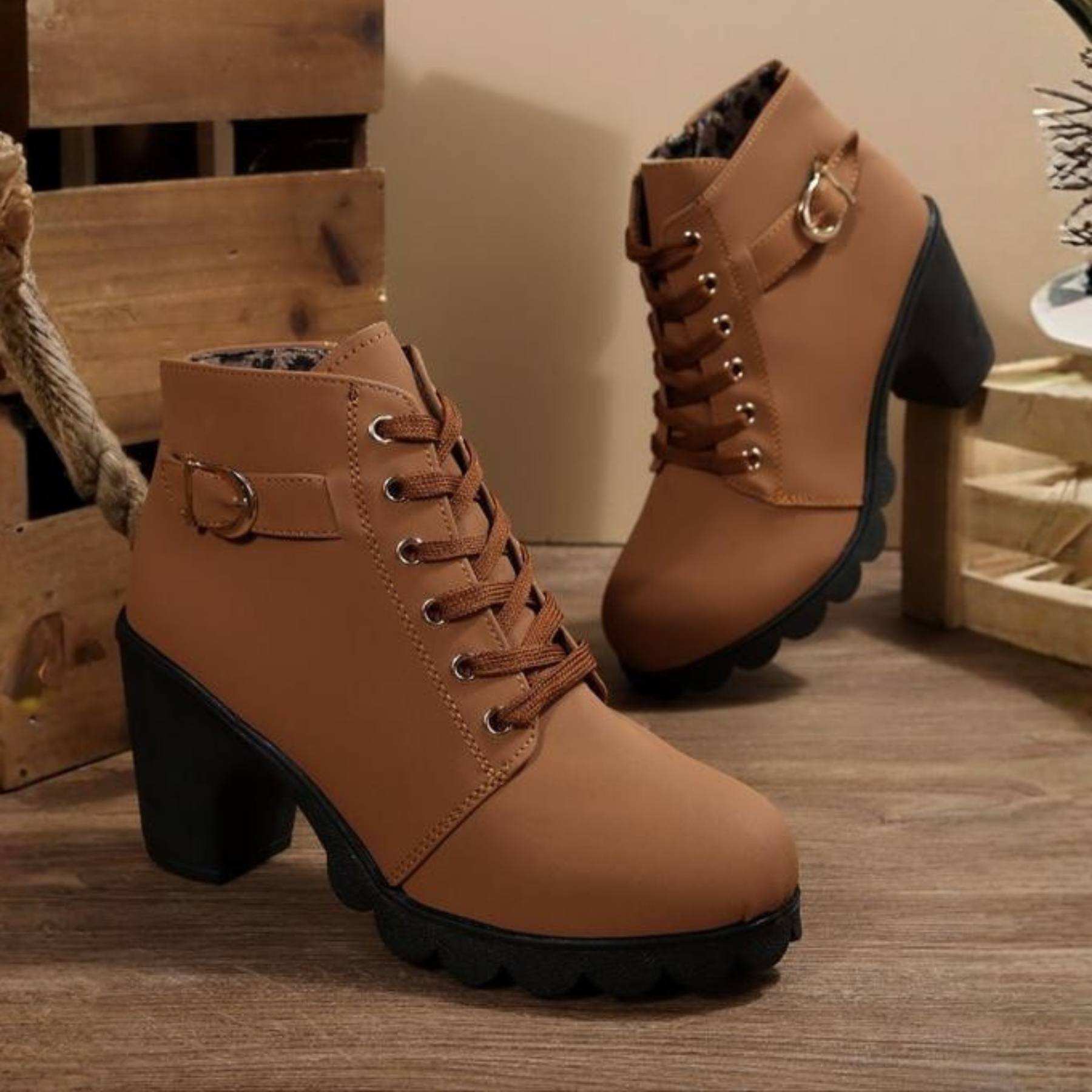 Karin Chic Lace-Up Metal Buckle Chunky Ankle Boots