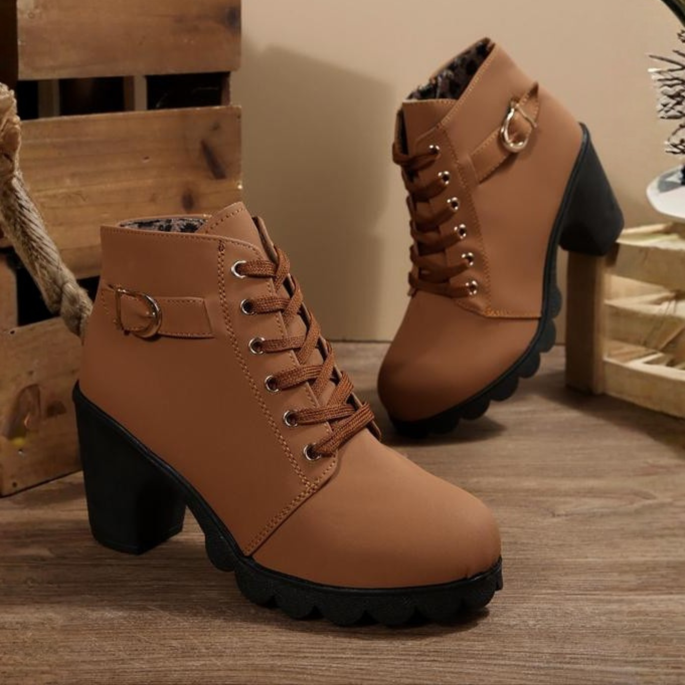 Karin Chic Lace-Up Metal Buckle Chunky Ankle Boots