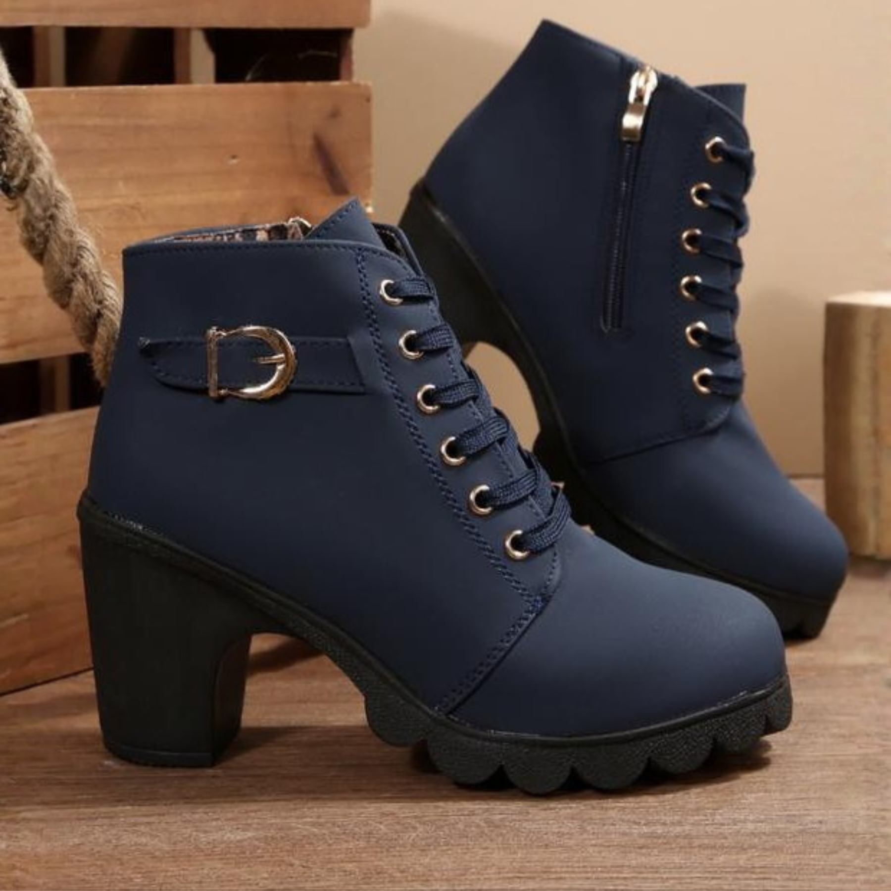 Karin Chic Lace-Up Metal Buckle Chunky Ankle Boots