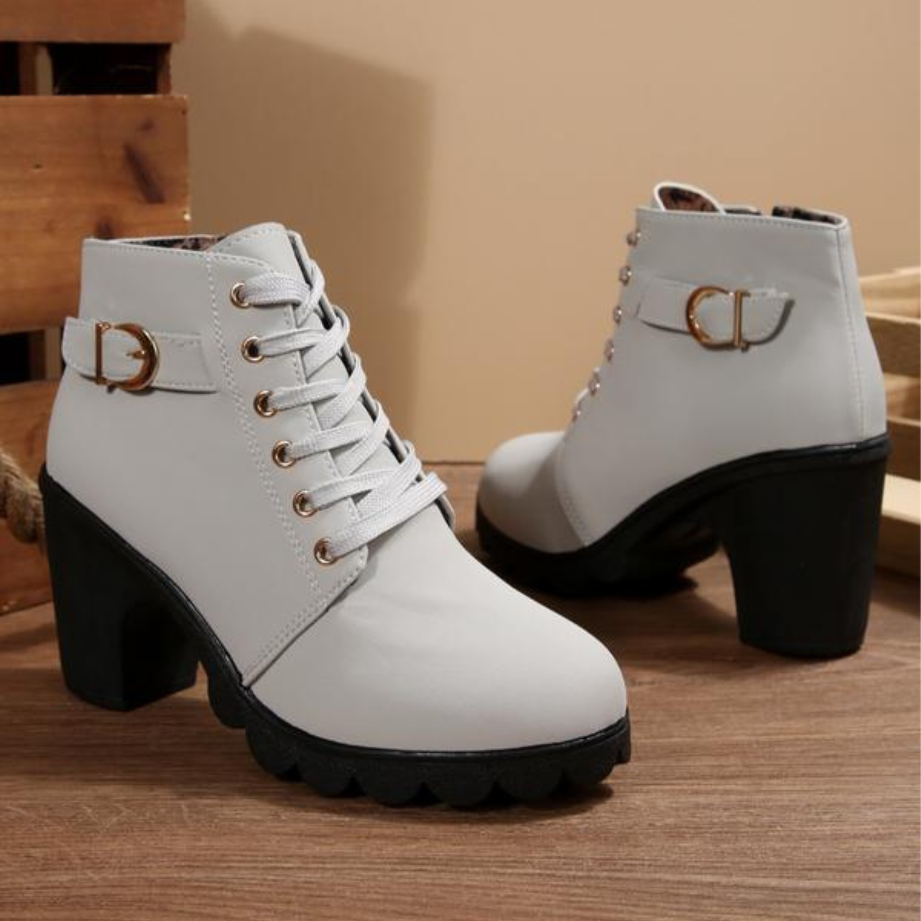 Karin Chic Lace-Up Metal Buckle Chunky Ankle Boots