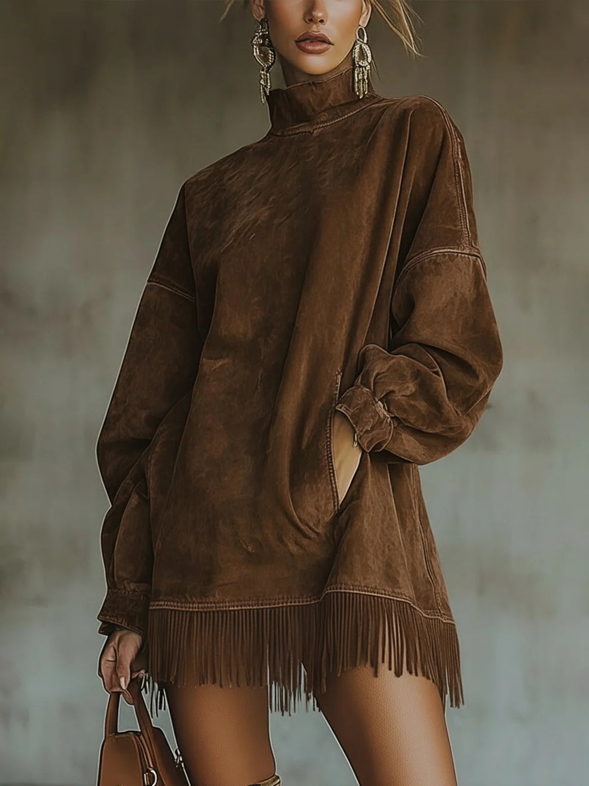 Darcie | Suede Fringe Turtleneck Dress