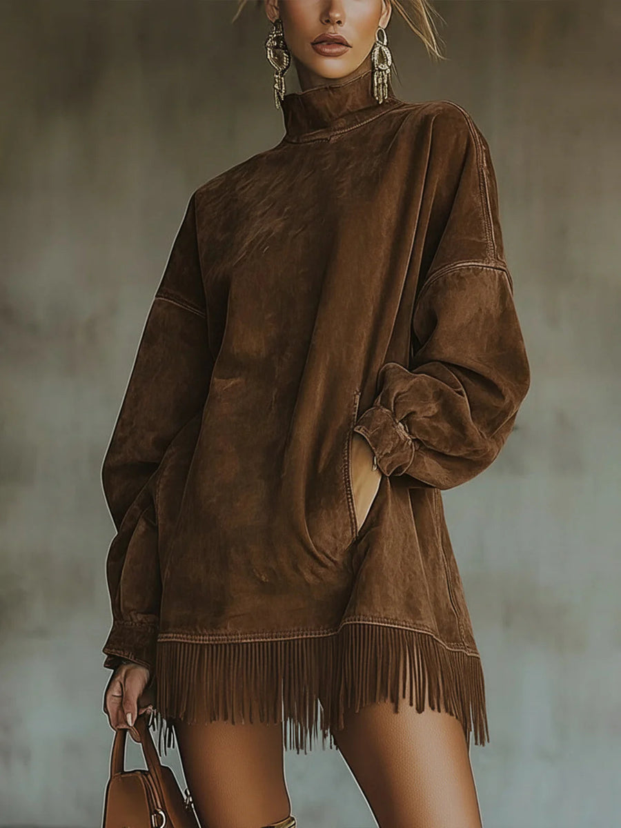 Darcie | Suede Fringe Turtleneck Dress