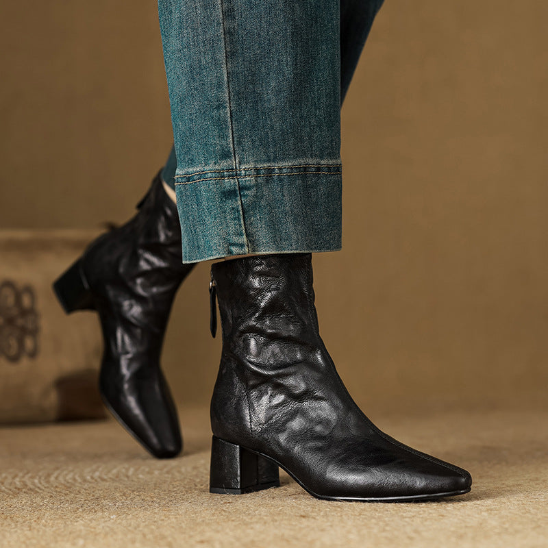 Riona – Genuine Leather Block Heel Ankle Boots