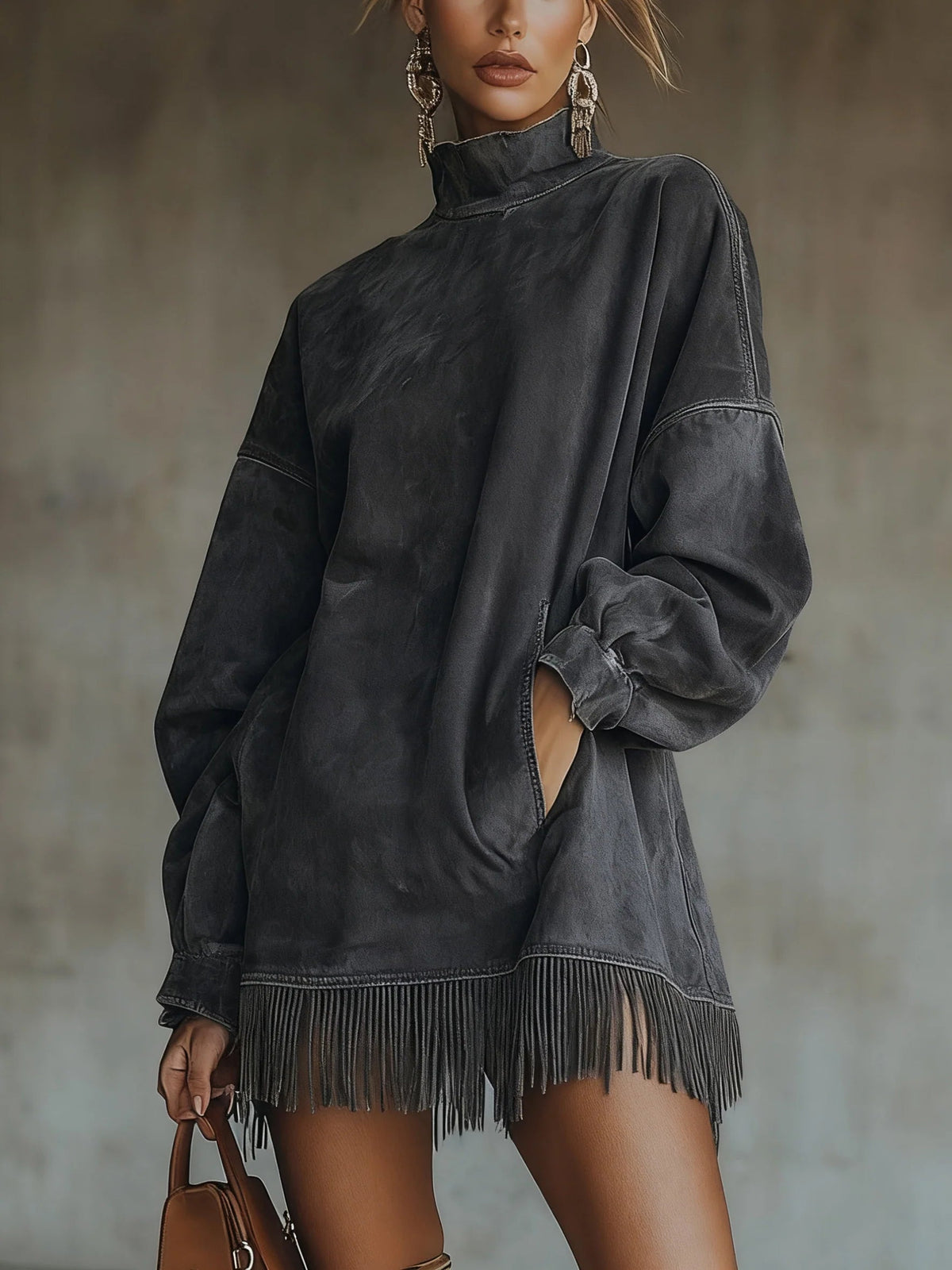 Darcie | Suede Fringe Turtleneck Dress