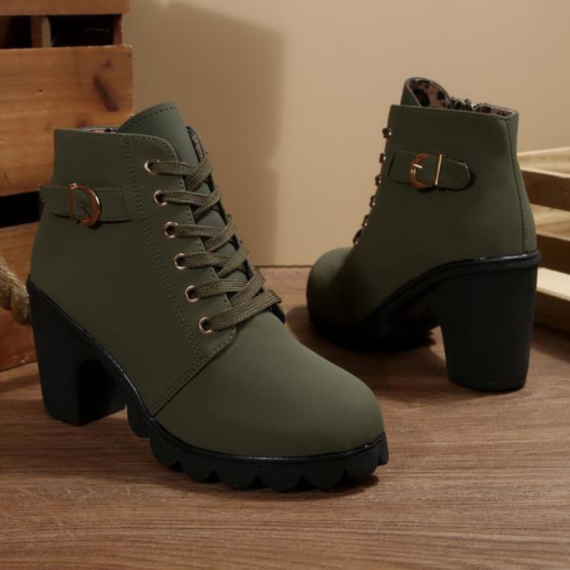 Karin Chic Lace-Up Metal Buckle Chunky Ankle Boots
