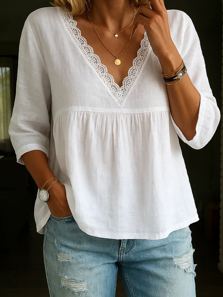 The Clara Lace-Trim Cotton-Linen Blouse
