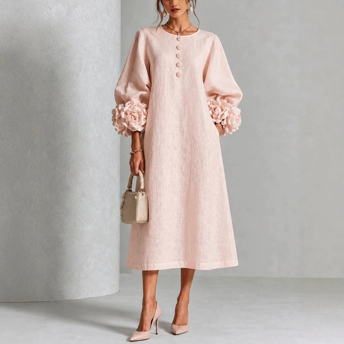 IVY | Floral Midi Dress with Rose-Cuff Sleeves