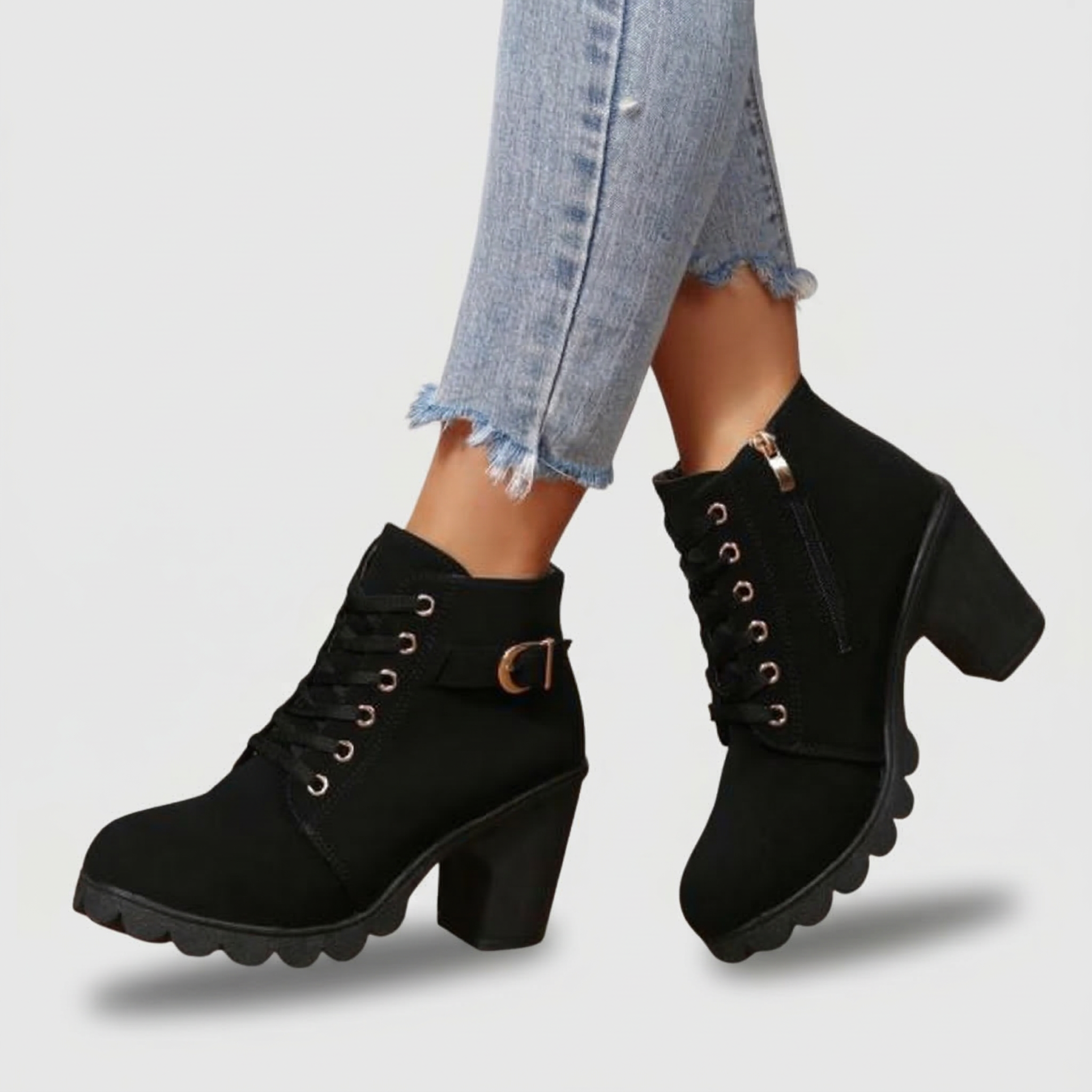 Karin Chic Lace-Up Metal Buckle Chunky Ankle Boots
