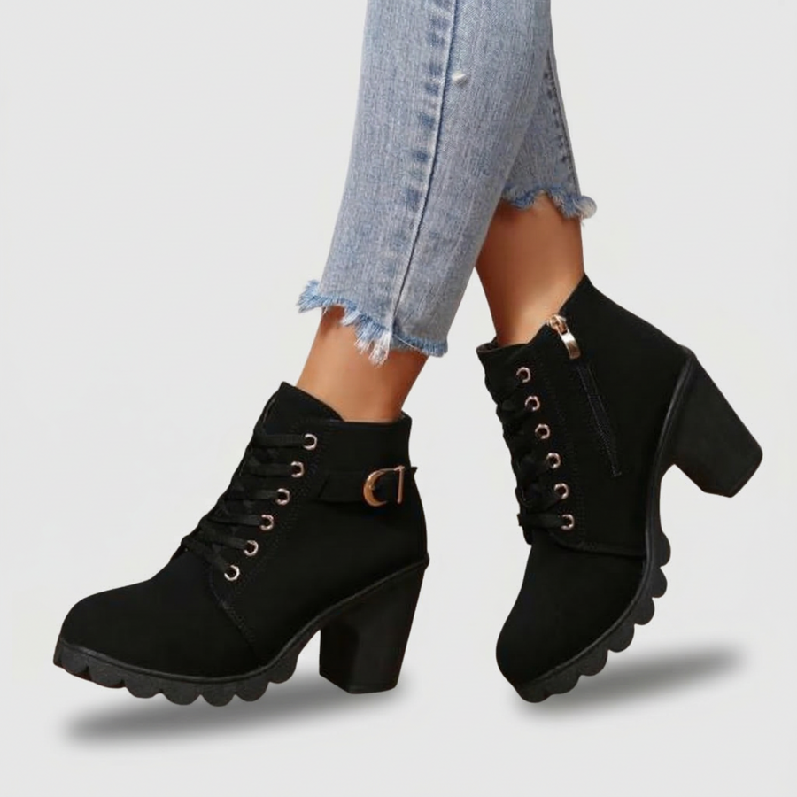 Karin Chic Lace-Up Metal Buckle Chunky Ankle Boots