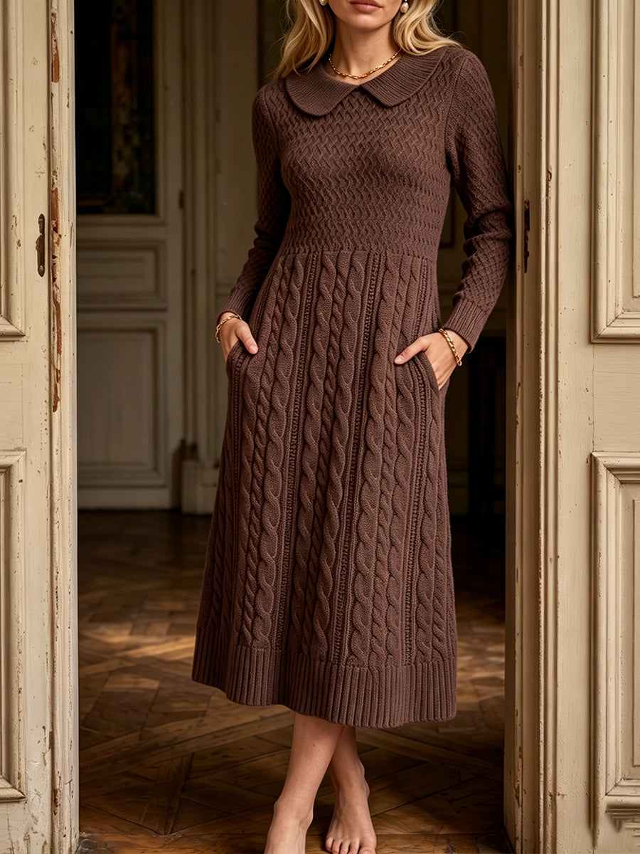 Classic Brown Cable-Knit Collar Midi Dress
